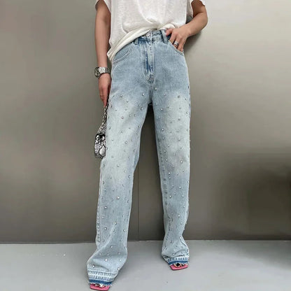 BKQU Straight Baggy Jeans Women High Waist Wide Leg Rhinestones Denim Long Pants 2023 Fashion Streetwear Diamonds Shinny Trouser