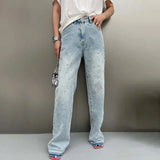 BKQU - Pantalones vaqueros rectos y holgados para mujer, cintura alta, pierna ancha, con diamantes de imitación, largos, moda urbana 2021, pantalones brillantes con diamantes