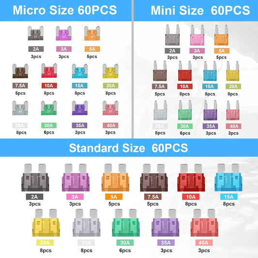 180-piece assorted car fuse kit, 60 mini blade car fuses + 60 standard automotive fuses + 60 micro fuses + fuse puller