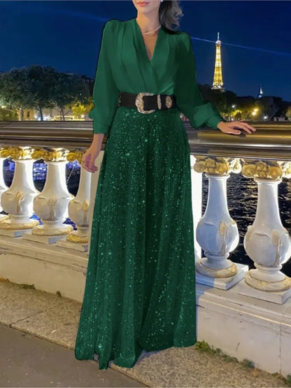 2024 Women's Fall New Fashion V-neck Long Sleeved Shirt Elegant Sexy V-neck Waist Waist Slimming Sequin Wide Leg Jumpsuit Set
