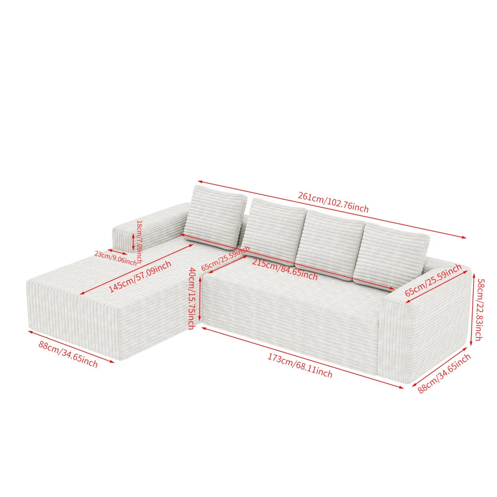 Cloud-shaped corner sofa with L-shaped chaise lounge, suitable for living room and bedroom, no assembly required.