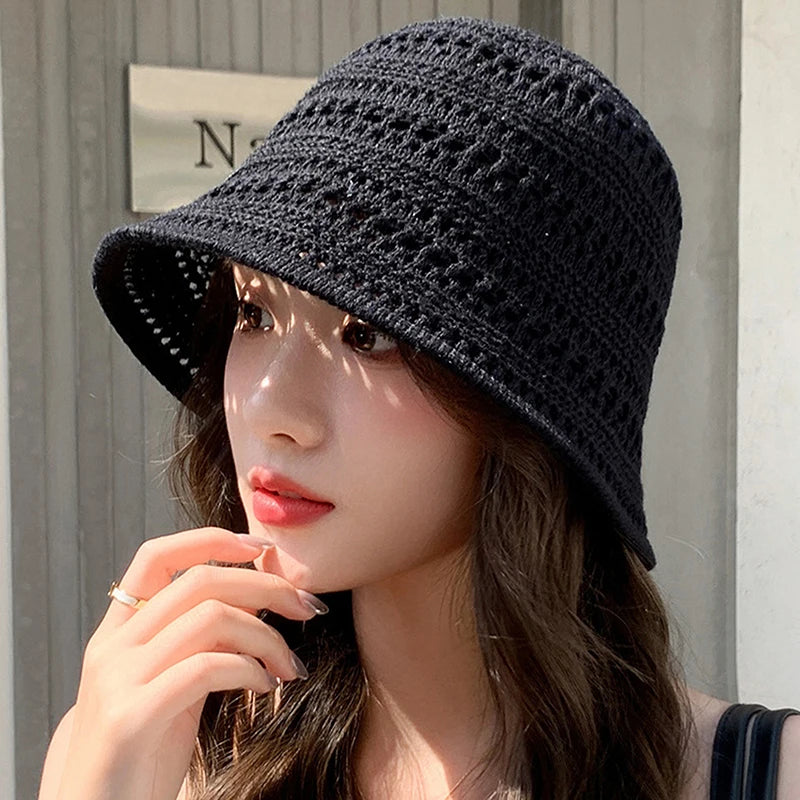 Summer Bucket Hat Fisherman Hat Women Hollow Out Sun Hat Outdoor Casual Versatile Panama Hats Crochet Foldable Caps Beach Cap
