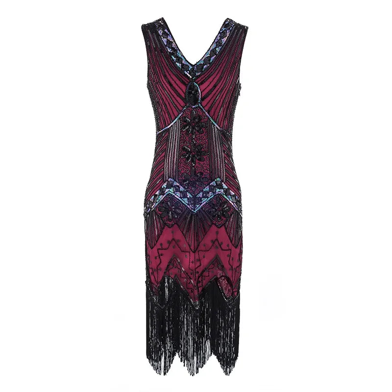 Vestido vintage Mandylandy para mujer, estilo retro de los años 20, estilo Gran Gatsby, con lentejuelas, sin mangas, para fiesta de baile, graduación y dobladillo con borlas.