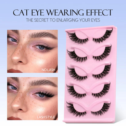 GROINNEYA Cat Eye Lashes 5 Pairs Natural Fake Eyelashes Clear Band Lashes Natural long Winged End Eye Elongated Eyelashes Makeup