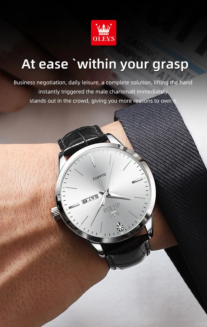 OLEVS 2935 Dual Calendar Quartz Dress Watch For Men Simple Original Leather Men's Watches Waterproof Luminous Business Hand Clock