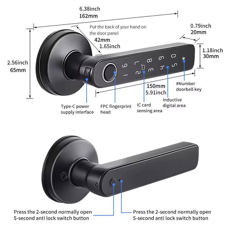 Tuya App Bluetooth Smart Fingerprint Door Lock Password Mechanical Key NFC Unlocking For Wooden Door Handle Lock IP54 Rainproof