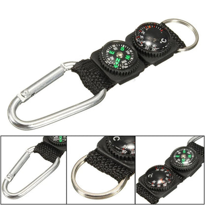 Mini mosquetón universal multifunción 3 en 1 para camping, escalada, senderismo, con llavero, brújula, termómetro y llavero.