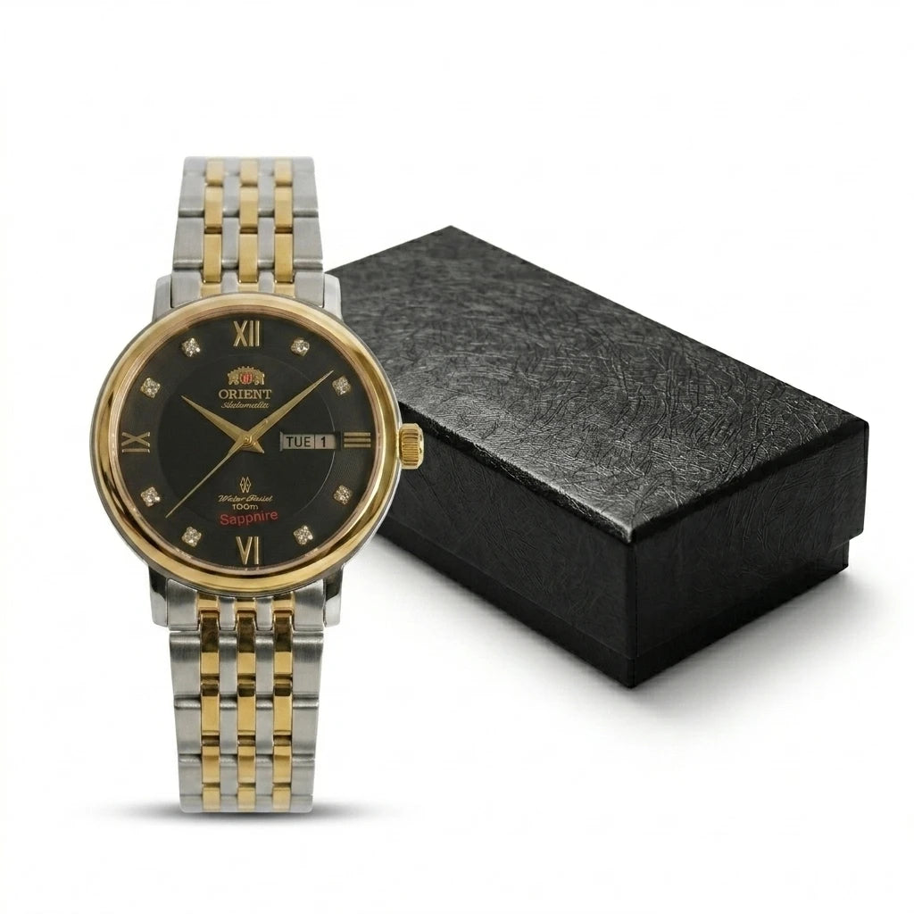 Relógio feminino automático bicolor calendário duplo em aço inoxidável