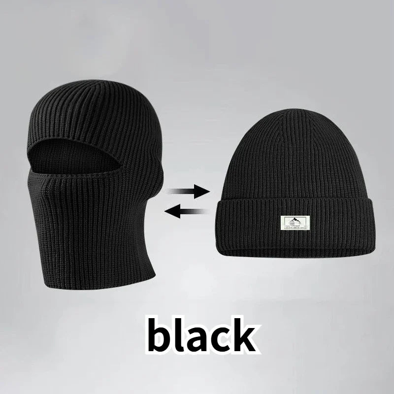 Winter 2 in1 Mask Beanies Hats Warm Knitted Balaclava Hats Windproof Solid Full Face Ski Bonnet Tactical Cycling Earmuffs Cap