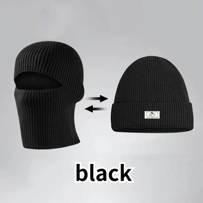 Winter 2 in1 Mask Beanies Hats Warm Knitted Balaclava Hats Windproof Solid Full Face Ski Bonnet Tactical Cycling Earmuffs Cap