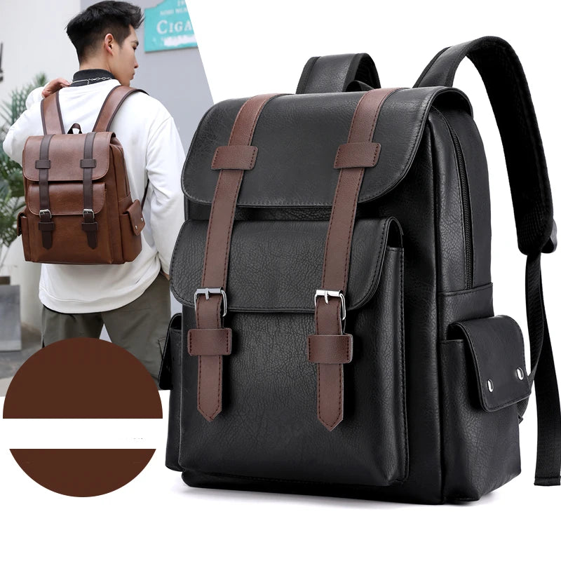 Mochila de piel sintética para hombre, mochila grande para portátil, mochila negra para adolescentes y niños, mochila marrón, 2023