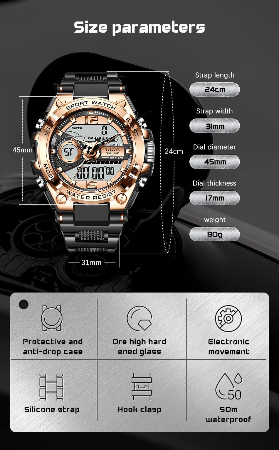 Reloj militar LIGE para hombre, digital, resistente al agua hasta 50 m, LED, de cuarzo, deportivo, grande, Masculino