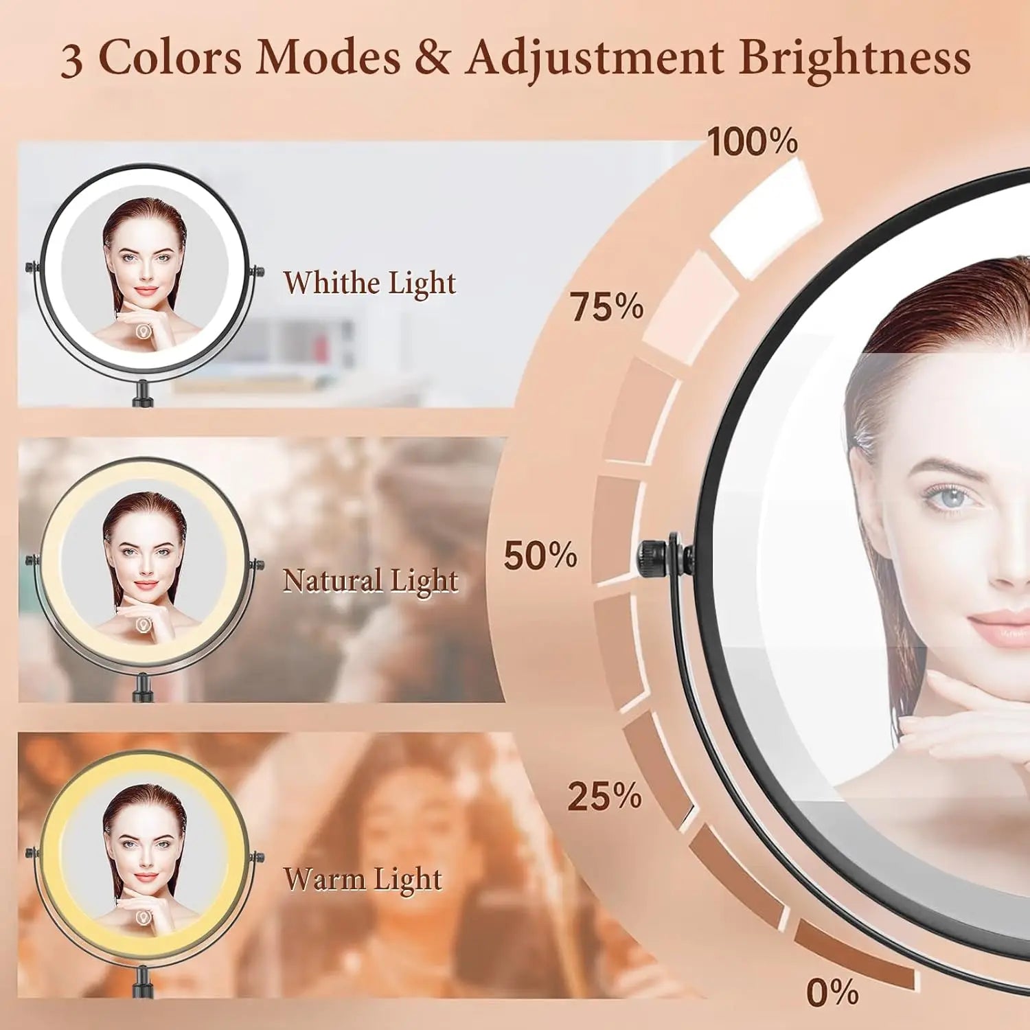 8 Inch Makeup Mirror With Light Lamp 10X Magnification 3 Color Lights,Adjustable Brightness Height Standing Cosmetic Mirror