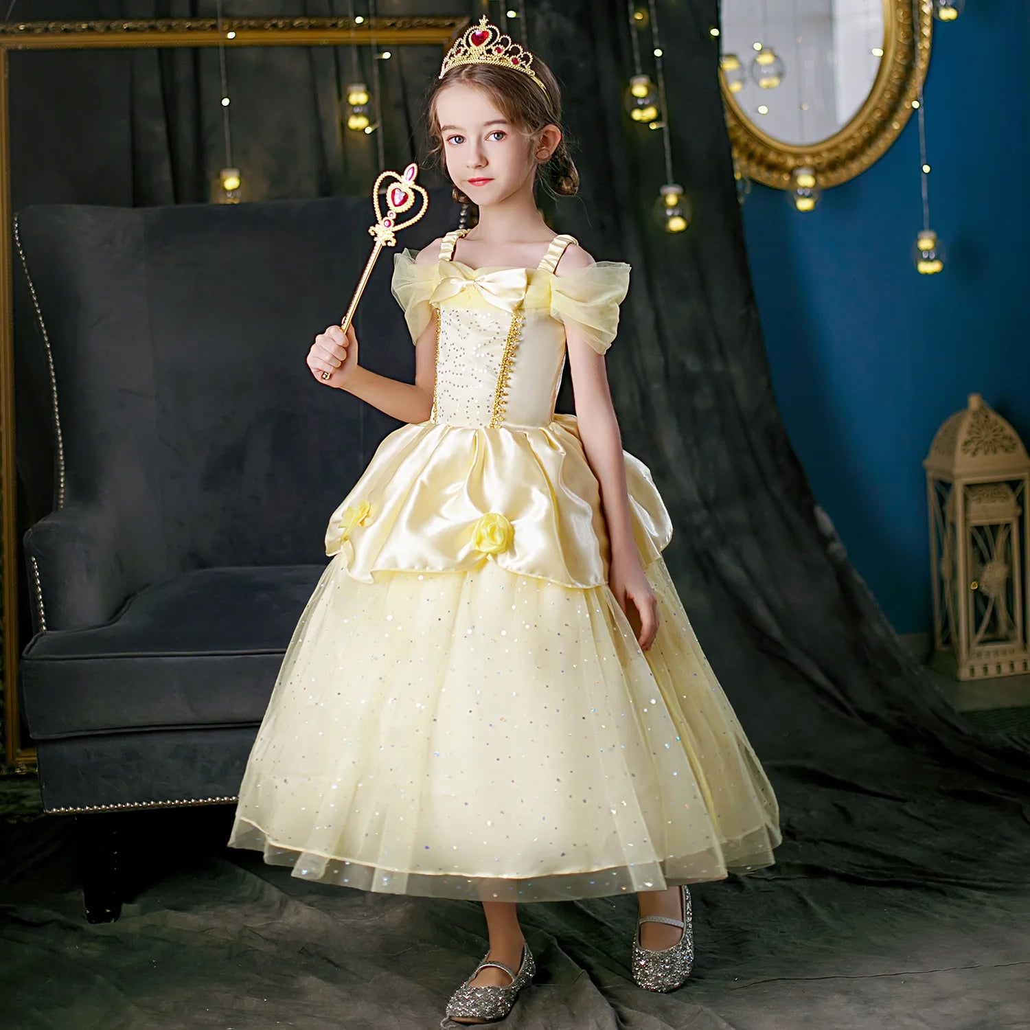 2025 Cosplay Belle Princess Dress Girls Dresses For Beauty and beast Party Clothing Magic stick crown Costume 3-12Y