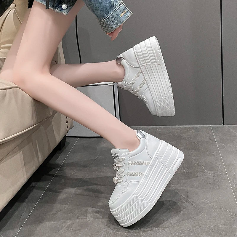 8cm Leather Flats Casual Dad Shoes Chunky Sneakers 2025 Women Platform Sports Shoes Ladies Skateboard Hidden Heels Shoes Tennis