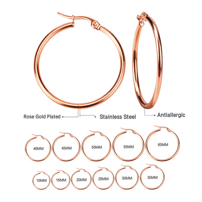 Luxusteel 10mm-65mm clássico aros de aço inoxidável para mulheres meninas cor ouro rosa grande círculo redondo brincos sem desbotamento anti-alergia