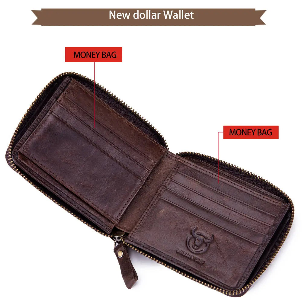 Bullcaptain Genuine Leather Men Short Wallet Casual Men's Coin Purse Vintage Male Zipper Card Holder Luxury Money Bags JYB022