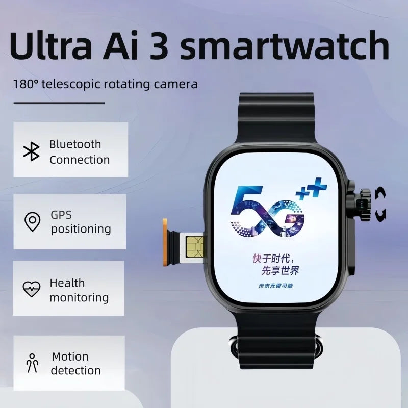 New Ultra Ai 3 Android Smartwatch 4G full network sim Card GPS WIFI 180°Hd Camera APP Download health monitoring Smart Watch Men