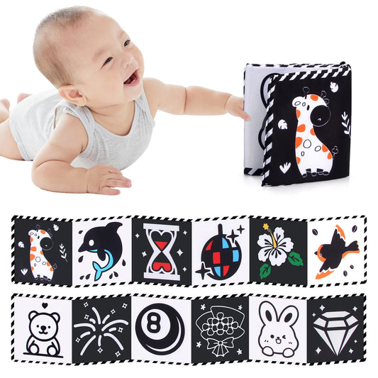 Livro de Pano de Alto Contraste para Bebês (0M+) – Brinquedos Sensoriais em Preto e Branco com Temática de Animais para Berço e Método Montessori