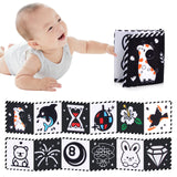 Livro de Pano de Alto Contraste para Bebês (0M+) – Brinquedos Sensoriais em Preto e Branco com Temática de Animais para Berço e Método Montessori