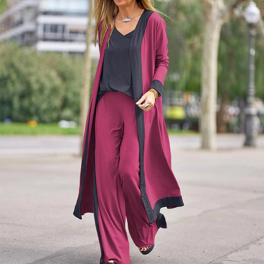 Conjunto informal de tres piezas para mujer, traje de oficina con cuello en V y pantalones rectos, estilo urbano, para primavera y otoño