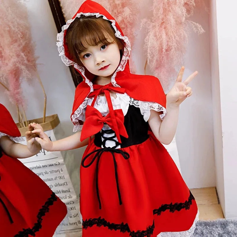 Girls Halloween Costume Fancy Dress Children Little Red Riding Hood Cosplay Dress Princess Baby Party Cosplay With Cape