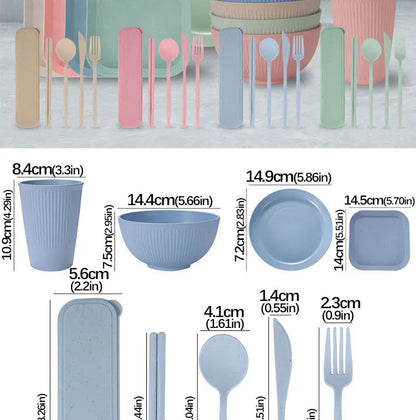 36pcs Plate Sets Wheat Straw Eco-Friendly Ramen Bowl Tableware Dinner Dishes Set Camping Tableware Set With Knife Fork Spoon