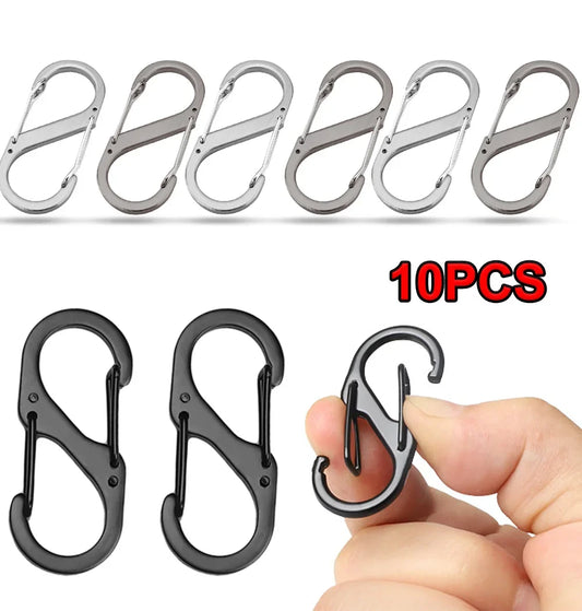 10Pcs S Type Mini Keychain Hook Stainless Steel Carabiner With Lock Anti-Theft Outdoor Camping Backpack Buckle Key-Lock Tool