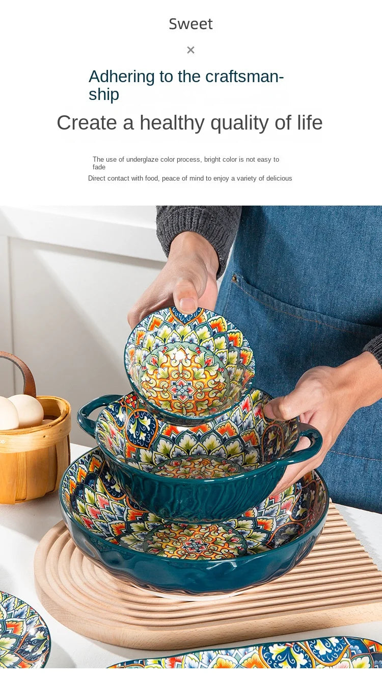 1Pcs Bohemia Retro Ceramic Dinner Plates Sets Food Plate Household Tableware Set Breakfast Plates Salad Soup Bowls Dinnerware