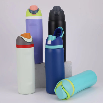 Copo de água portátil com palha e alça, garrafa esportiva, aço inoxidável 304, garrafa de vácuo de viagem, copo térmico, 32 oz, 24 oz, 19oz