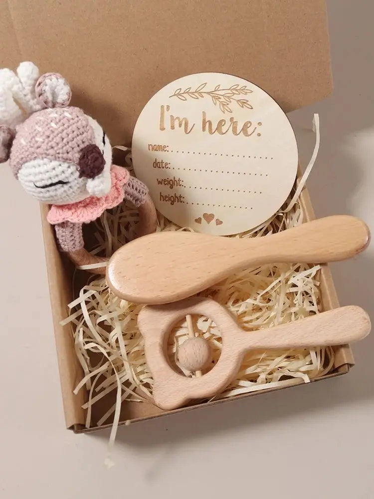 3-4 pcs baby comb brush set newborn gift set Natural Wool beech  baby crochet bunny rattle baby shower gift