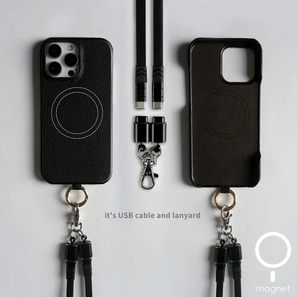 Funda de piel auténtica personalizable con cordón de carga para iPhone 16 Pro Max, 15, 14, 13, 12 y 11, con funda magnética.