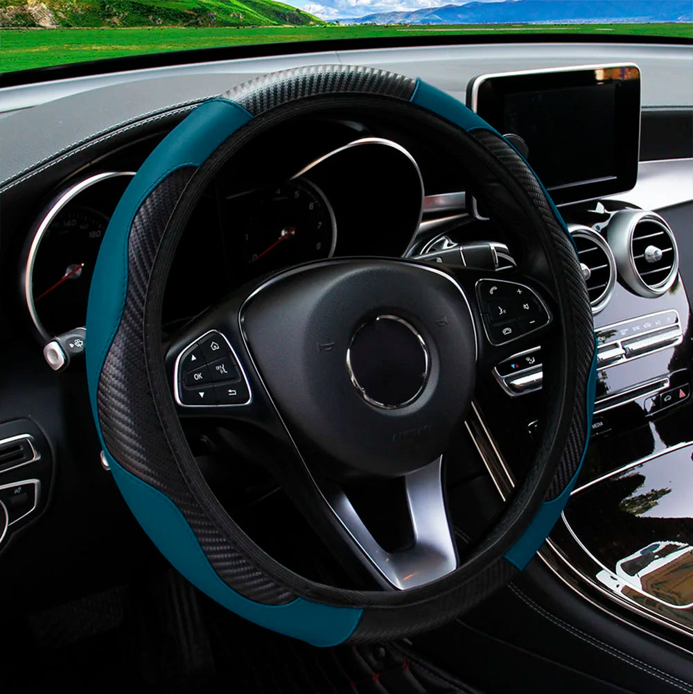 PU Carbon Fiber Leather Car Steering Wheel Cover without Inner Ring Suitable for 14.5-15 Inches Auto Supplies