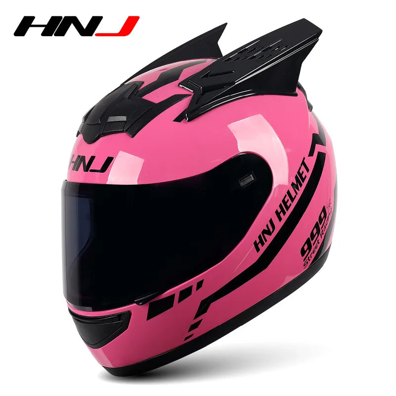 HNJ Men Motorcycle Helmet Women Full Face Helmet Riding Personality Horn Pink Helmet DOT Certification Motorcycle Helmet