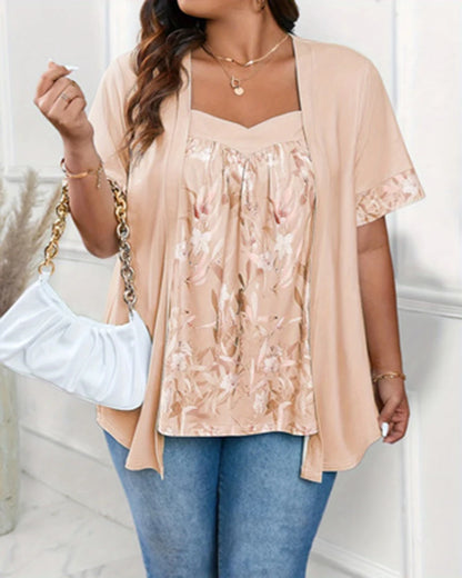 Camiseta plus size 2 em 1 com estampa floral, tops casuais de manga curta para primavera e verão, roupas femininas plus size