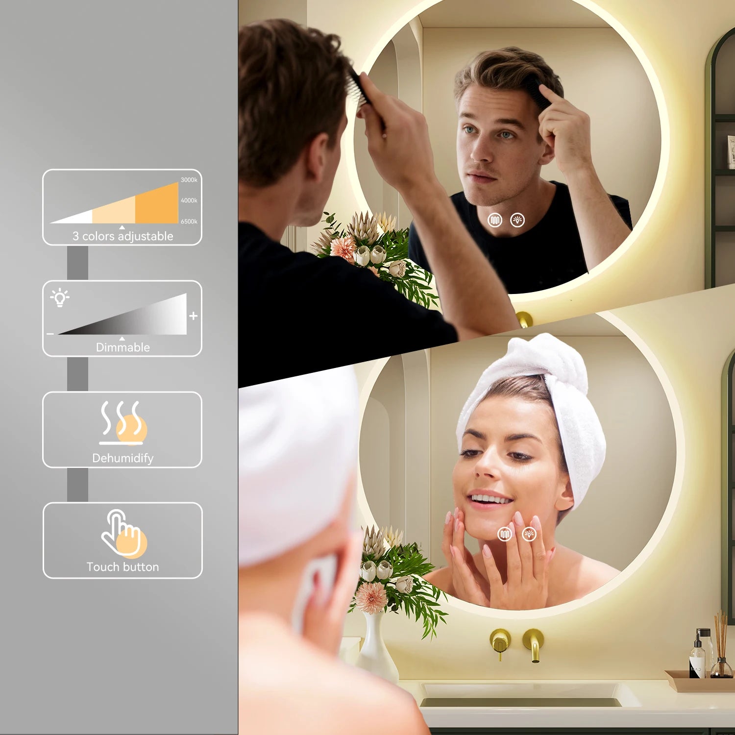Round LED Bathroom Mirror with Lighting and Anti-Fog, Dimable Wall Makeup mirror Built-In fuse for Bathroom Makeup mirror