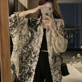 Plus Size Chubby MM Ink Printed Chiffon Sunscreen Shirt 300 Pounds Summer Retro Loose Long Sleeved Top Jacket for Women