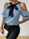 Womens Plus Size Casual Summer Shirt Off Shoulder Round Neck Solid Color Top Machine Washable Lightweight Blouse for Casual
