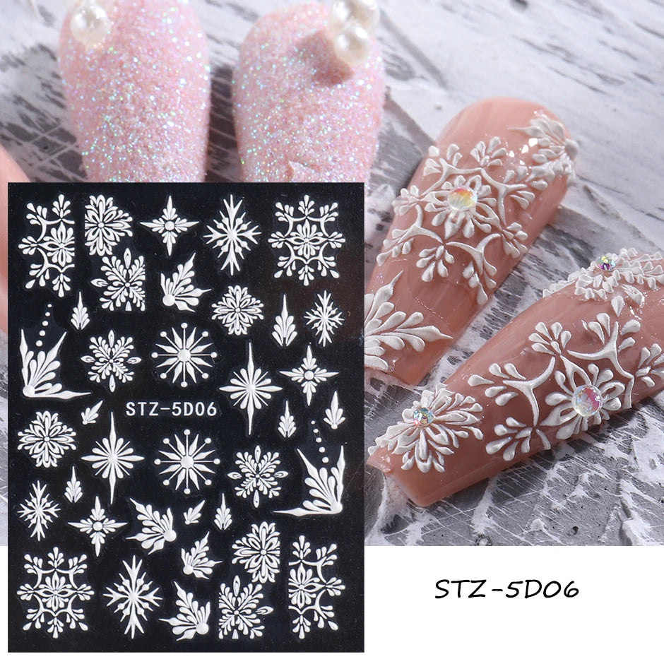 5D Red Christmas Nail Stickers Glitter Embossed Snowflake Gloves Feather Bulb Bells Winter Xmas DIY Engraved Manicure Decoration