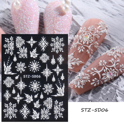 5D Red Christmas Nail Stickers Glitter Embossed Snowflake Gloves Feather Bulb Bells Winter Xmas DIY Engraved Manicure Decoration