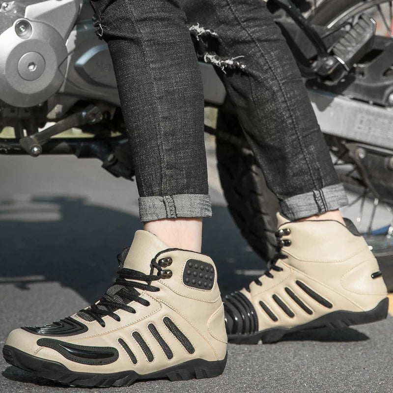 Men's Leather Upper Mountain Racing Locomotive Shoes Cool Off-Road Motorcycle Boots with Low-Cut Protection and Anti-Collision