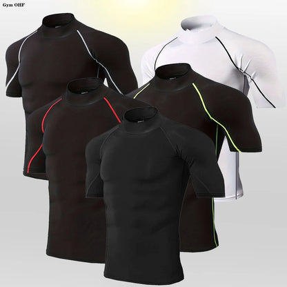 Camisetas deportivas de cuello alto para hombre, nuevas, de secado rápido, para gimnasio, fitness, running, compresión, informales, para exteriores, con protección solar 