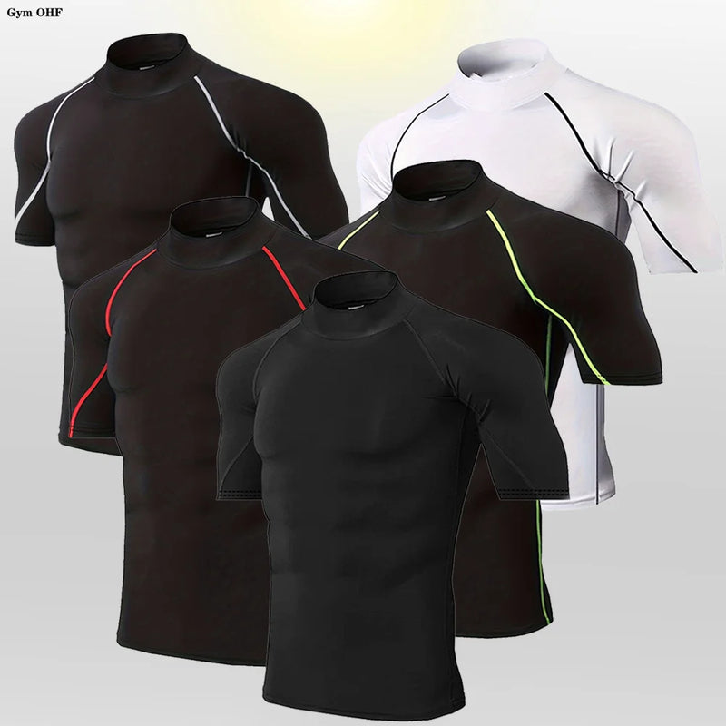 Novas camisetas esportivas masculinas de pescoço alto ginásio rápido fitness correndo compressão topos casual ao ar livre camisa masculina roupas de proteção solar