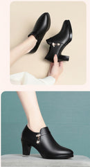 Comfortable Fashion Deep Mouth Soft Leather Women's Platform Shoes 2024 Fall Med Block Heels Single Shoes for Office Mom