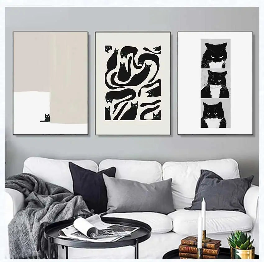 Cute Cats Pop Illustration Prints Canvas Painting Aesthetic Wall Art Pictures Home Room Dec Abstract Black Cat Drawing Poster
