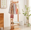 Heavy Duty Bamboo Coat Stand Freestanding Corner Clothes Rack with Hook and Shelves