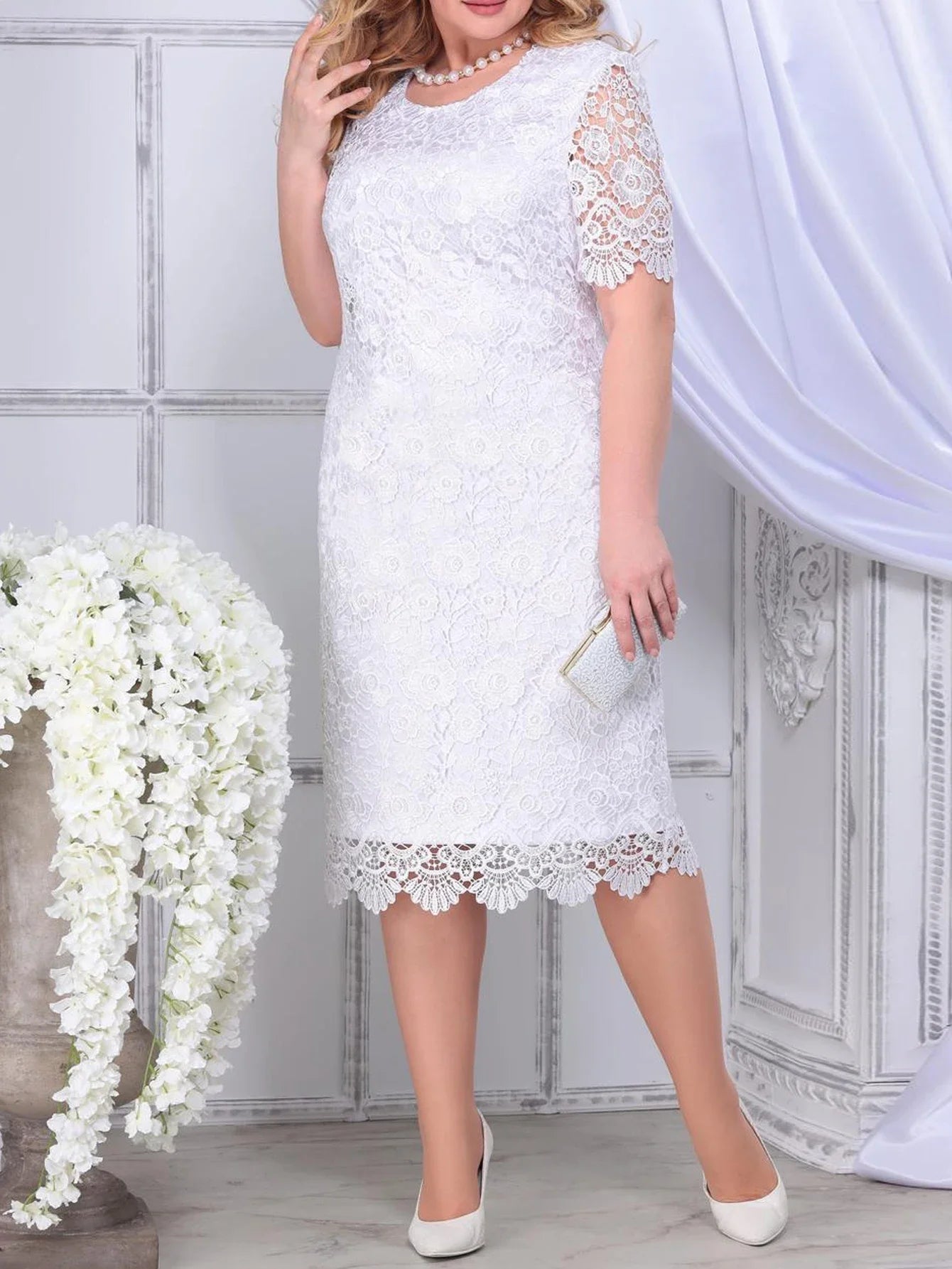 Plus size elegante vestidos de festa mulher branca verão bordado floral casamento convidado magro lápis midi vestido