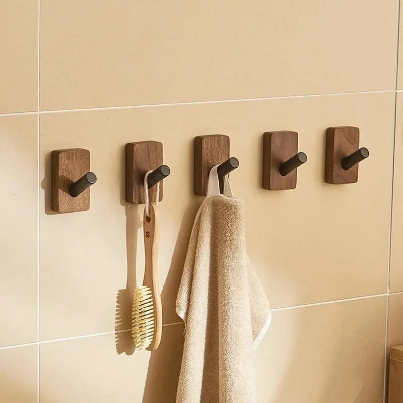 Self-adhesive New Simple Solid Wood Hook Walnut Hanging Hanger Bathroom Wall Hook Bedroom Coat Storage Rack Home Towel Key Decor