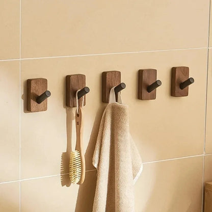Self-adhesive New Simple Solid Wood Hook Walnut Hanging Hanger Bathroom Wall Hook Bedroom Coat Storage Rack Home Towel Key Decor
