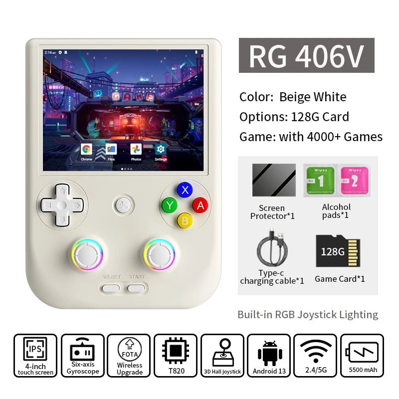 ANBERNIC RG406V Retro Handheld Game Console 4" IPS Multi-touch Screen Android 3D Hall Joystick 5500mAh Video Player 1080p DP Out